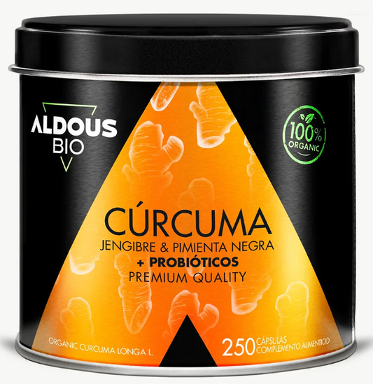 ALDOUS BIO - Cúrcuma Biológica com Gengibre, Pimenta Preta e Probióticos - 250 cápsulas