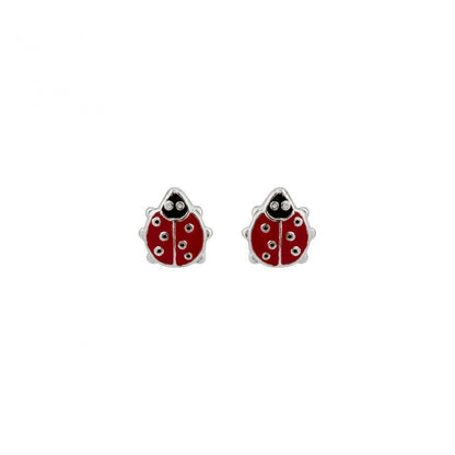 Brinco joaninha infantil prata com esmalte vermelho e pontos pretos fecho carrapeta para crianças Carmo Joalheiros
