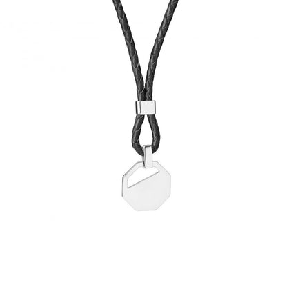 colar masculino prata Topazio 1874 com cordao de couro trancado preto e pingente octogonal em prata polida