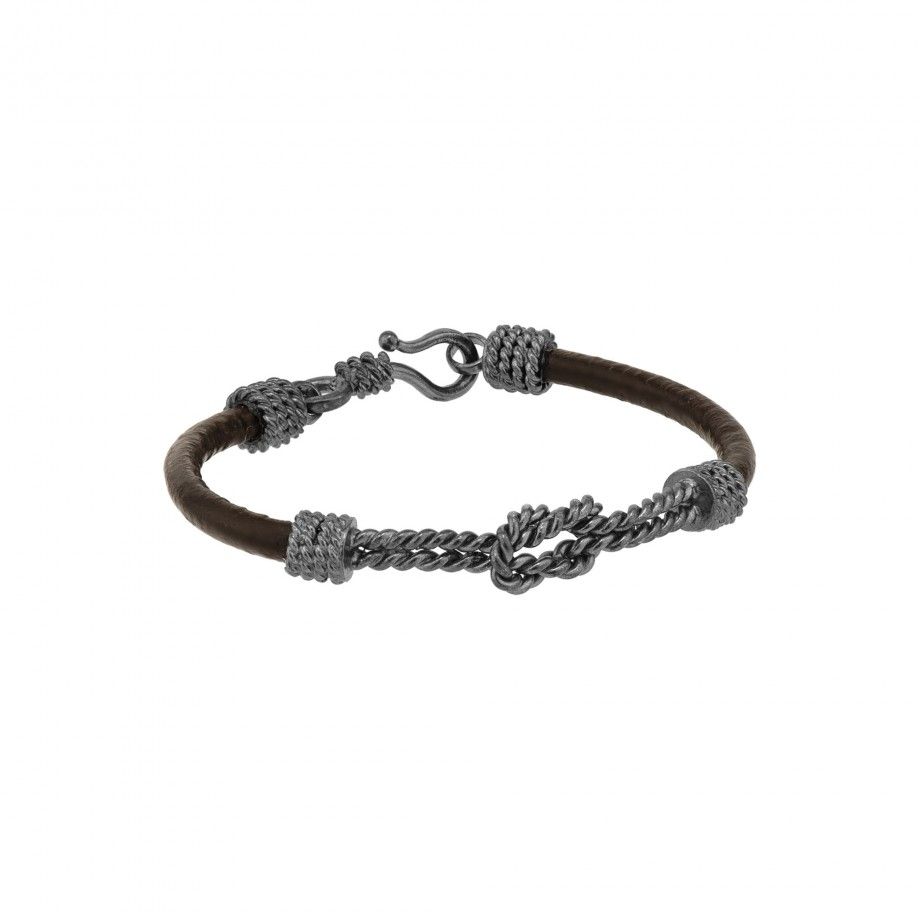 pulseira nó marinheiro masculina Topázio 1874 em couro marrom com detalhes em metal prateado e fecho gancho