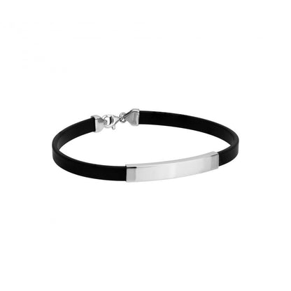 pulseira prata masculina Topázio 1874 com placa em prata polida e tira preta em couro para uso diário elegante