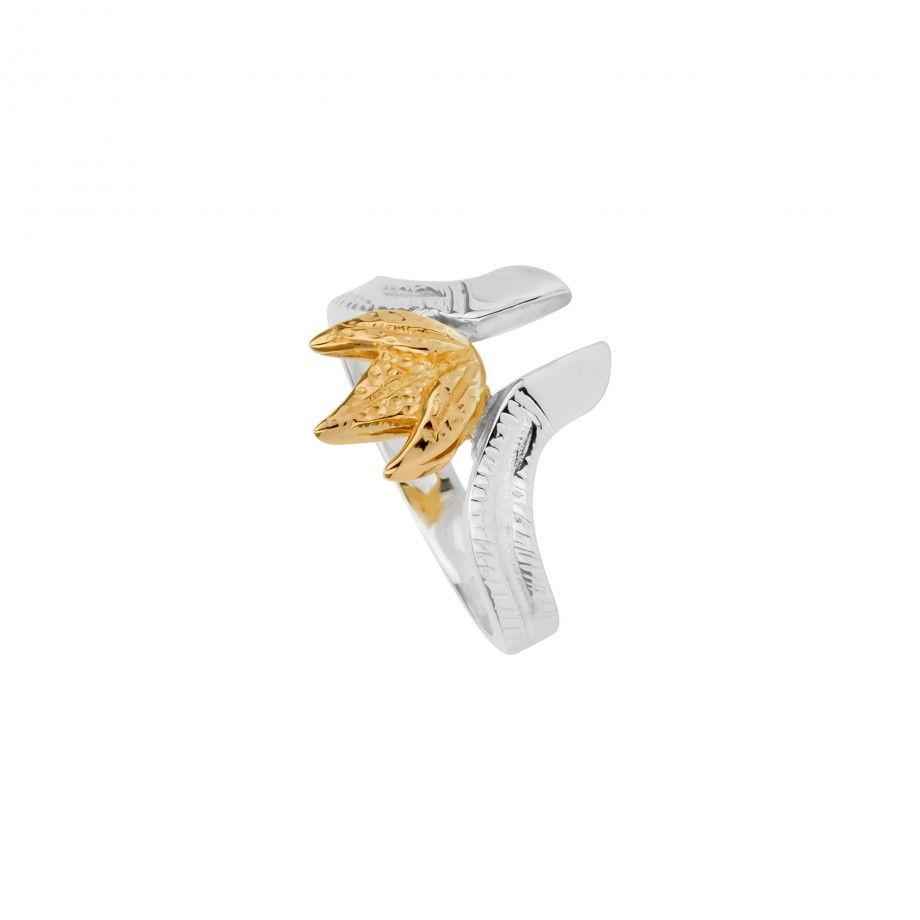 Anel guardian prata e dourado Topázio 1874 anel de joalharia bicolor com detalhe floral dourado e aro prateado texturizado