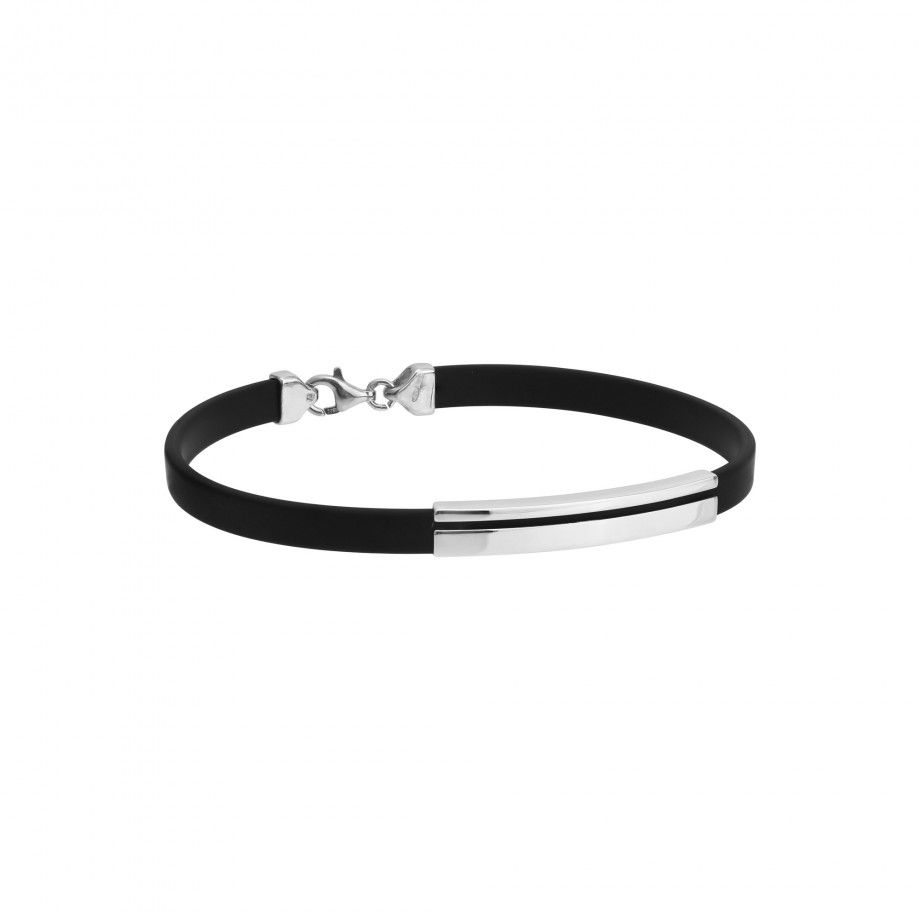 pulseira masculina prata Topazio 1874 com cinta de borracha preta e placa de prata polida e fecho
