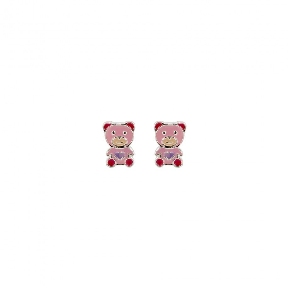 brincos de ursinho infantil em prata com esmalte rosa e coracao roxo par da Carmo Joalheiros